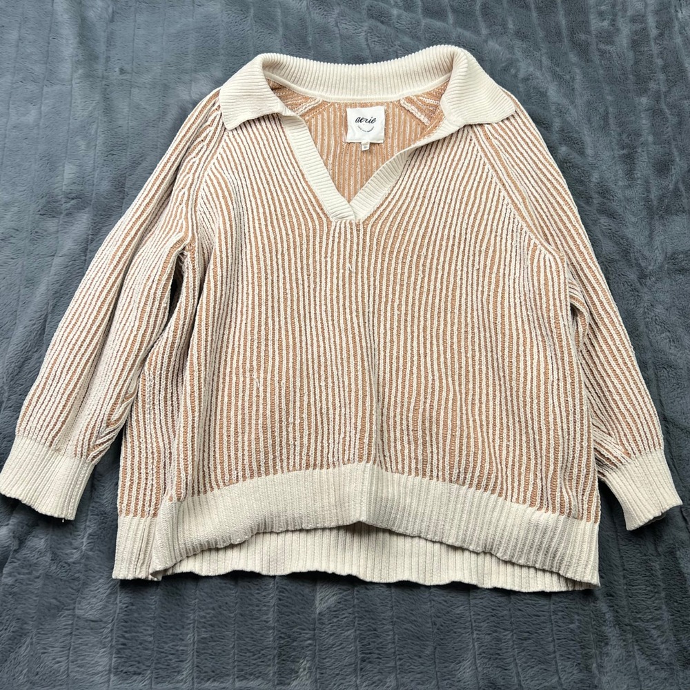 Aerie Women XL Tan Cream Striped Chenille Ribbed Polo V-Neck Sweater 13288